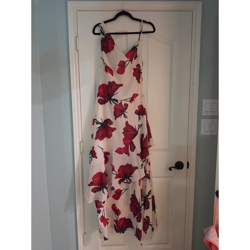 Luxxel Floral One Shoulder High Low Maxi Dress Ivory Red Poppy LD10740 Small NWT